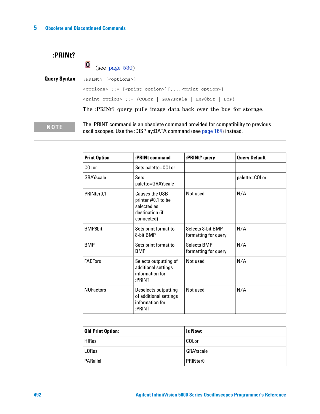 Agilent Technologies 5000 Series manual Print Option PRINt command PRINt? query Query Default 