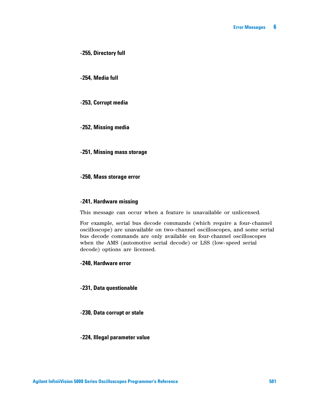 Agilent Technologies 5000 Series manual Error Messages 