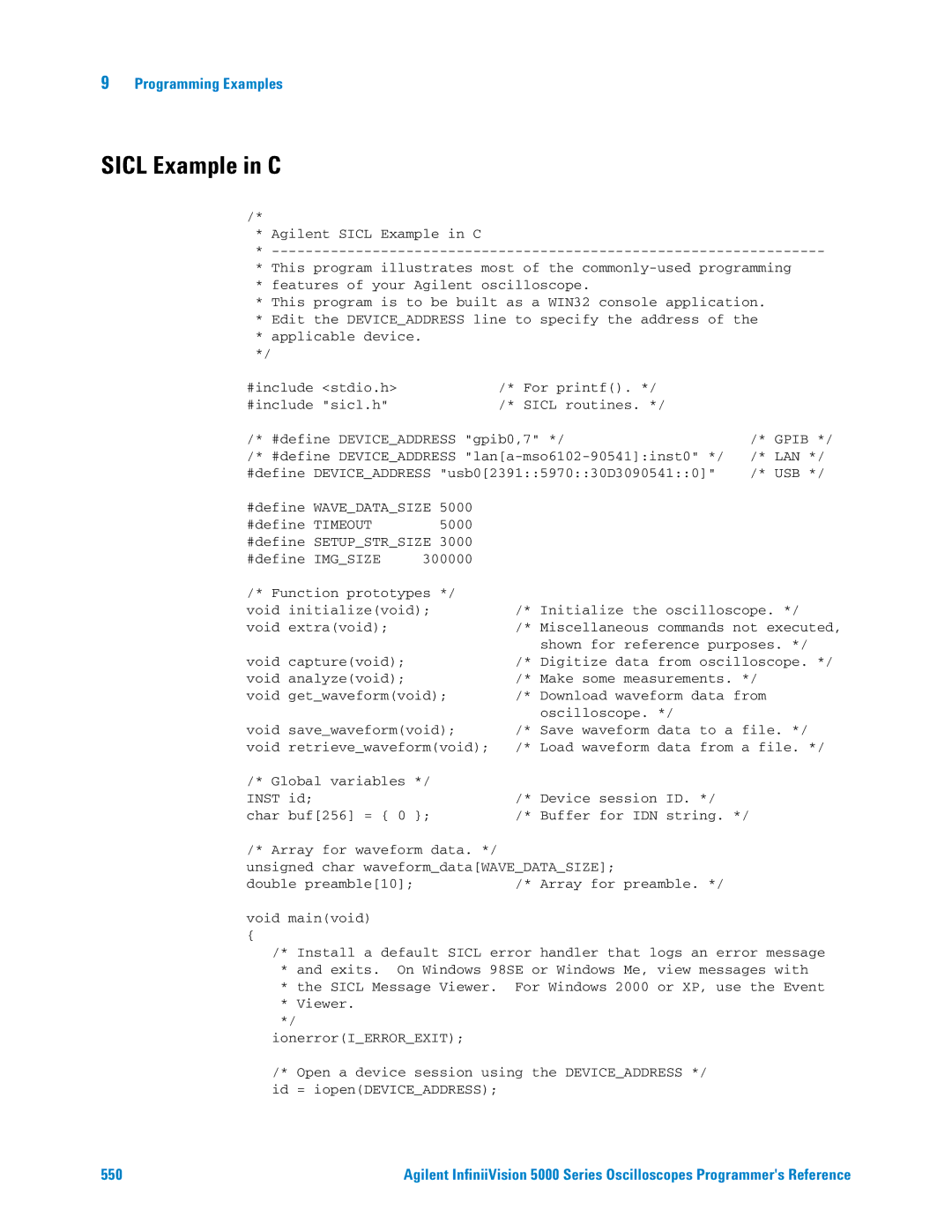 Agilent Technologies 5000 Series manual Sicl Example in C 