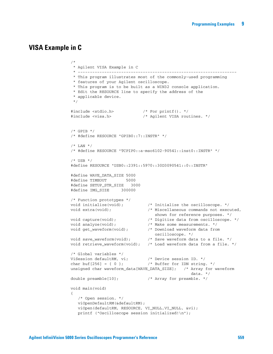 Agilent Technologies 5000 Series manual Visa Example in C 