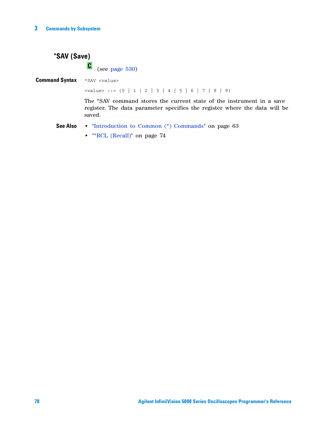 Agilent Technologies 5000 Series manual SAV Save, Command Syntax *SAV value 