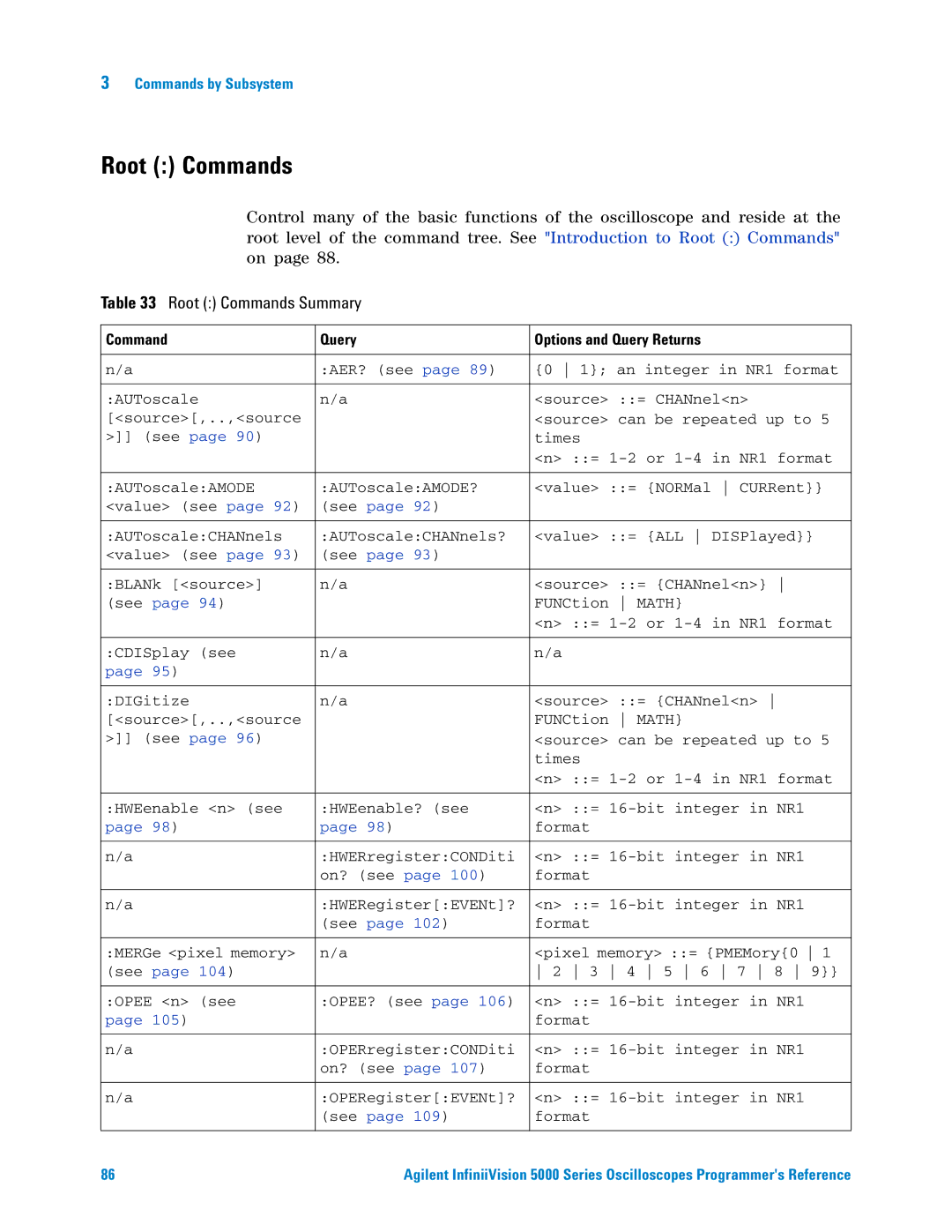 Agilent Technologies 5000 Series manual Root Commands Summary 