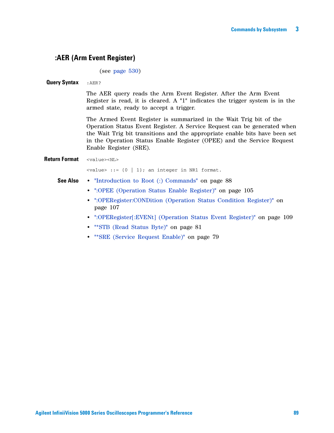 Agilent Technologies 5000 Series manual AER Arm Event Register, Query Syntax AER? 