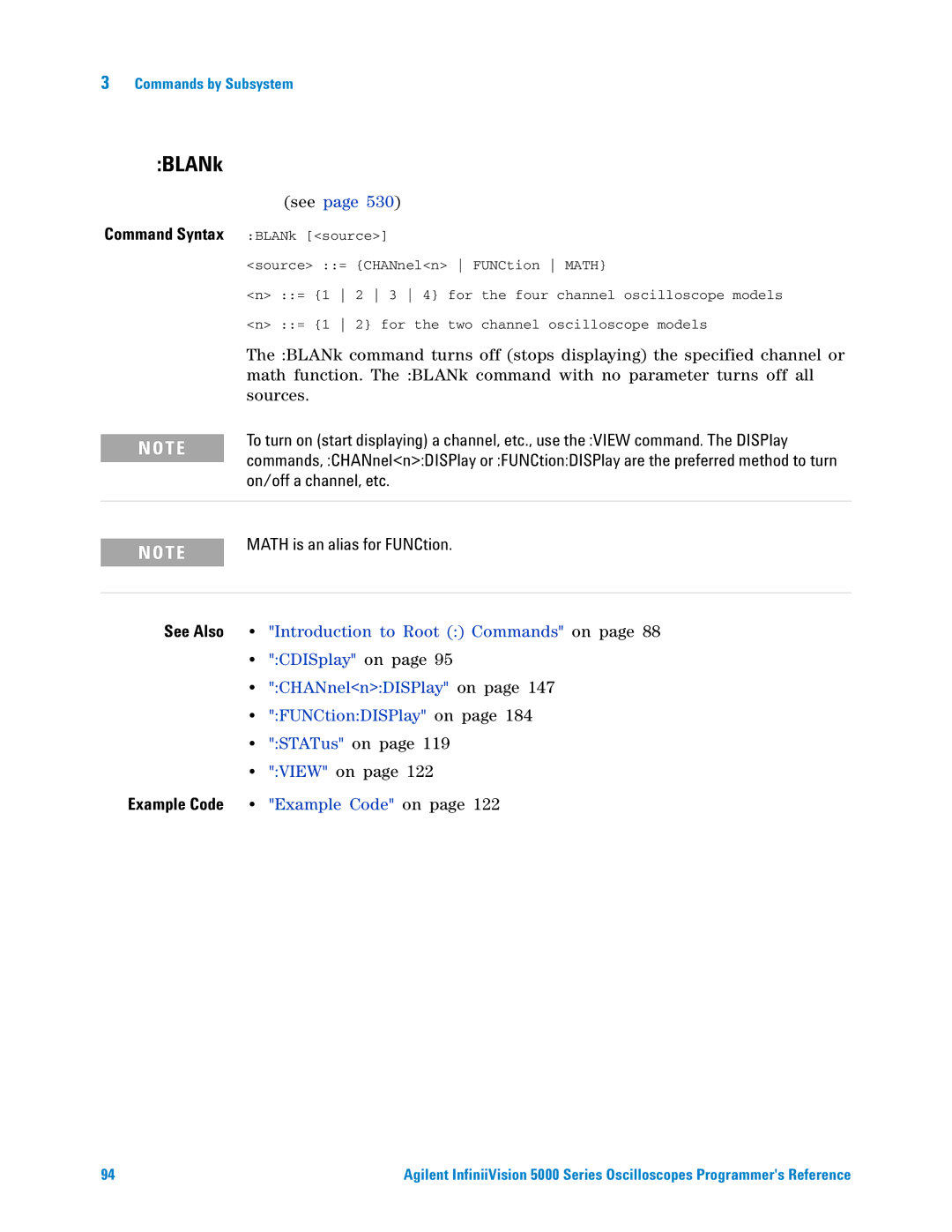 Agilent Technologies 5000 Series BLANk, On/off a channel, etc, Math is an alias for FUNCtion, Example Code Example Code on 