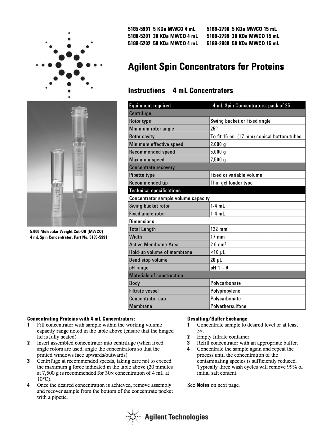 Agilent Technologies 5185-5991 technical specifications Instructions - 4 mL Concentrators, KDa MWCO 4 mL, 5188-2798 