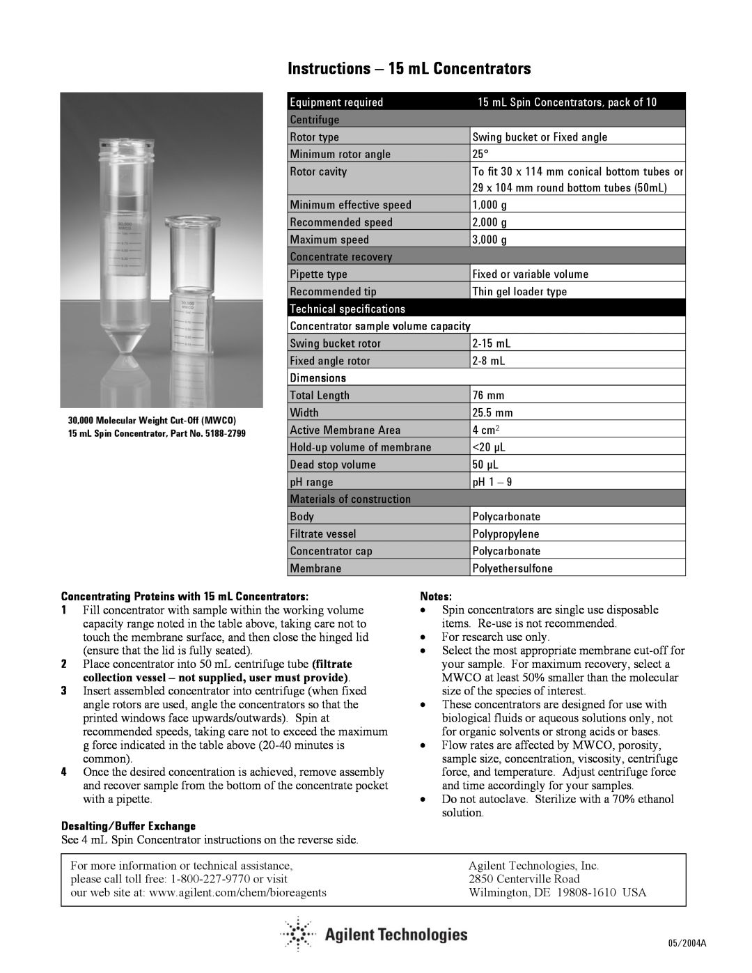 Agilent Technologies 5185-5991 Instructions - 15 mL Concentrators, mL Spin Concentrators, pack of, Equipment required 