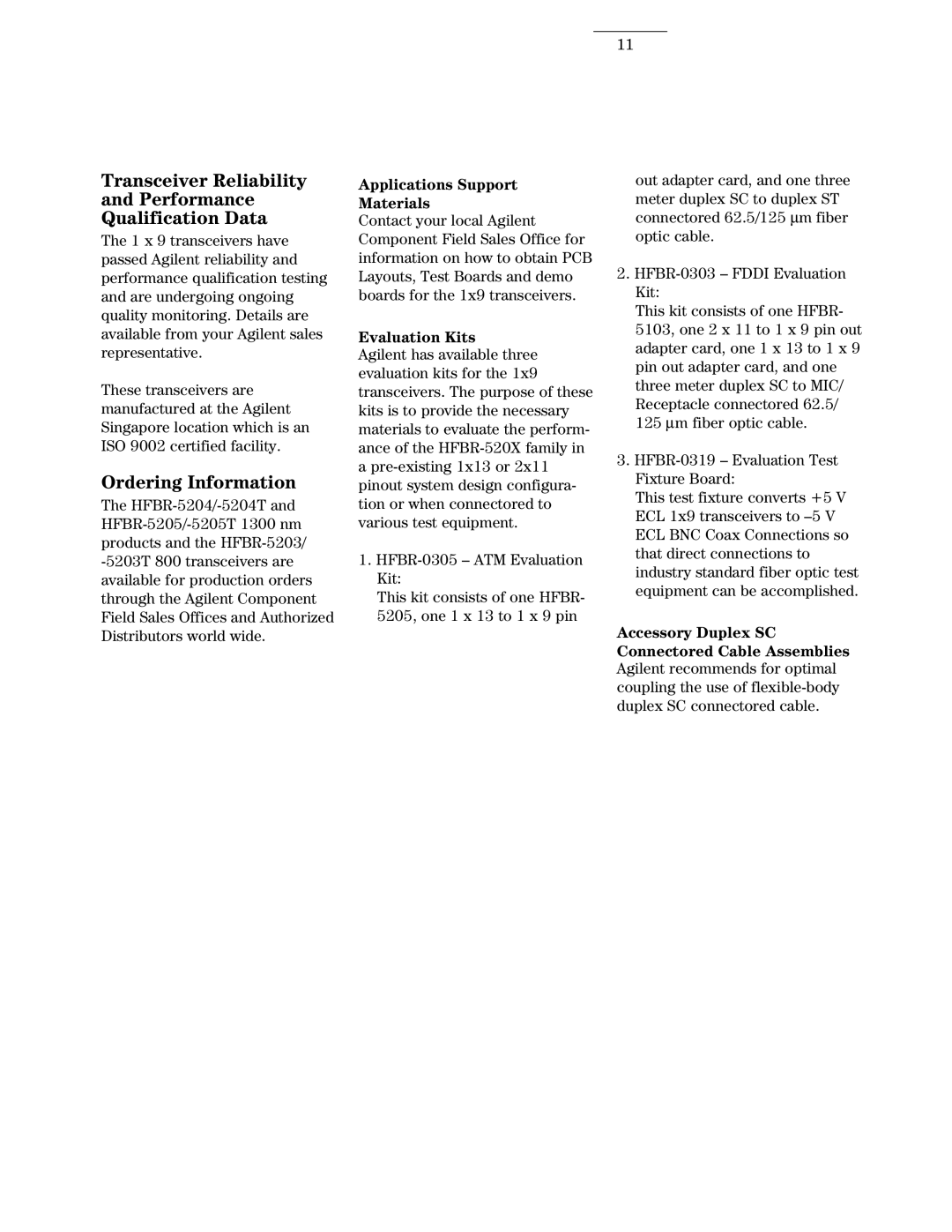 Agilent Technologies 5203 Transceiver Reliability Performance Qualification Data, Ordering Information, Evaluation Kits 