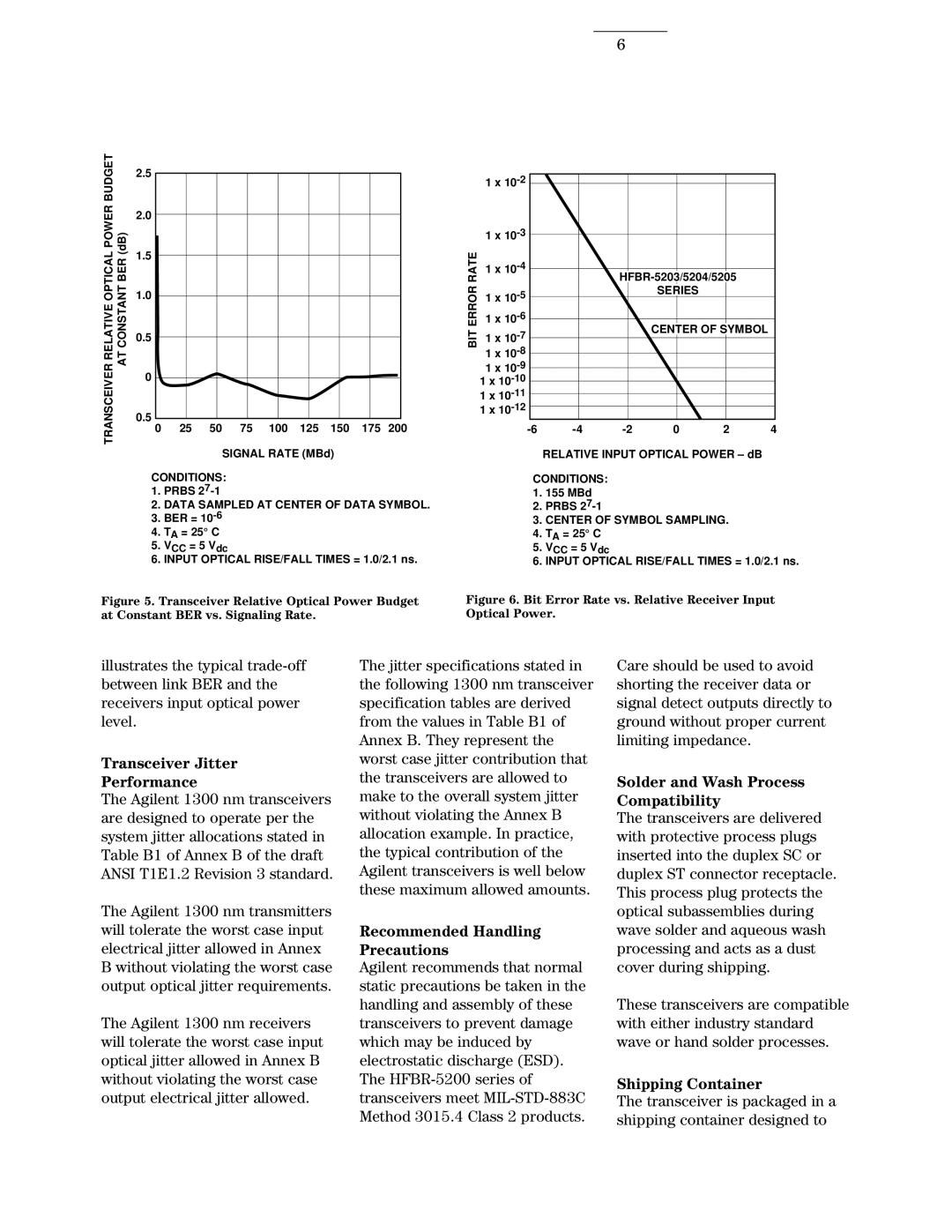 Agilent Technologies 5203 manual Transceiver Jitter Performance, Recommended Handling Precautions, Shipping Container 