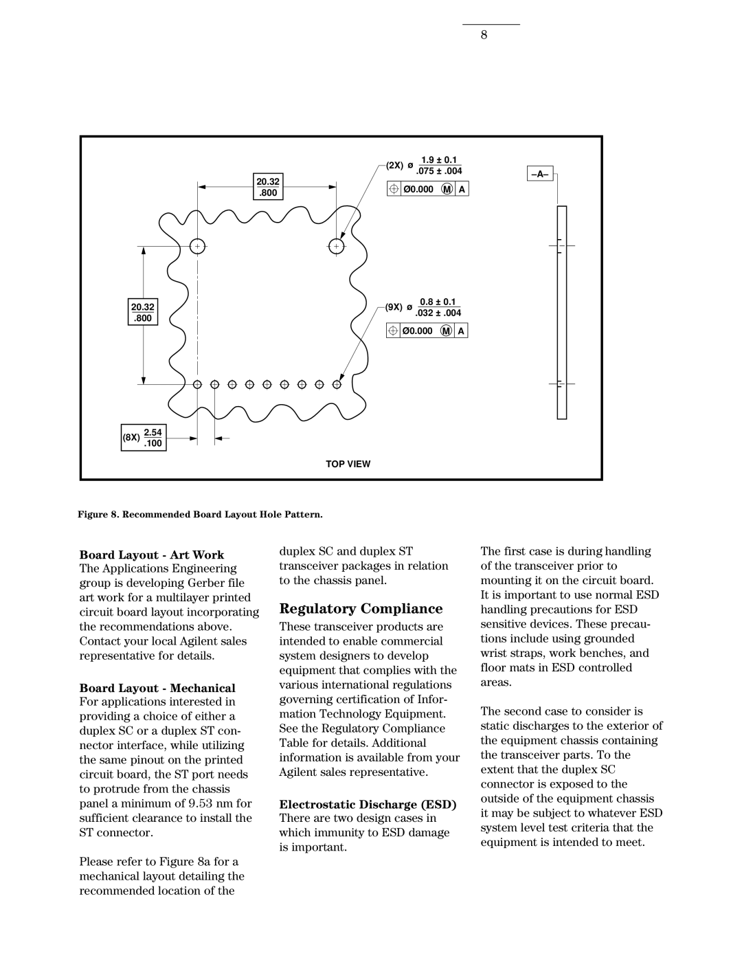 Agilent Technologies 5203 manual Regulatory Compliance, Recommended Board Layout Hole Pattern 