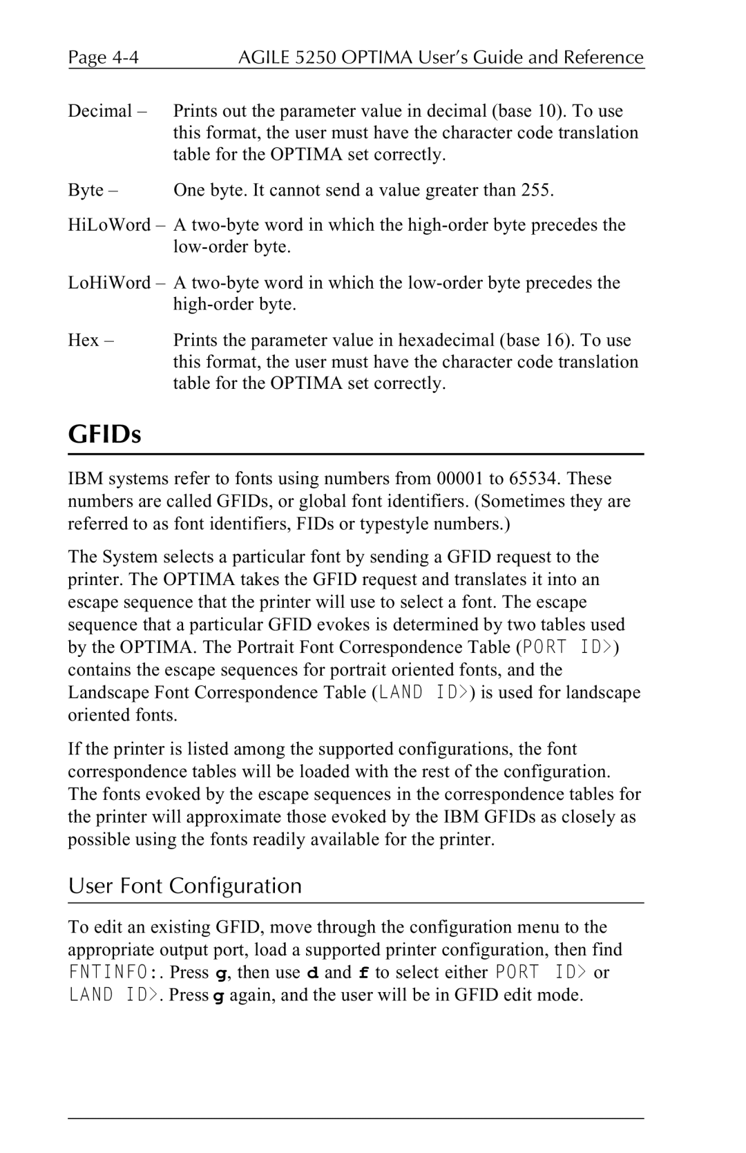 Agilent Technologies 5250 user manual GFIDs, User Font Configuration 