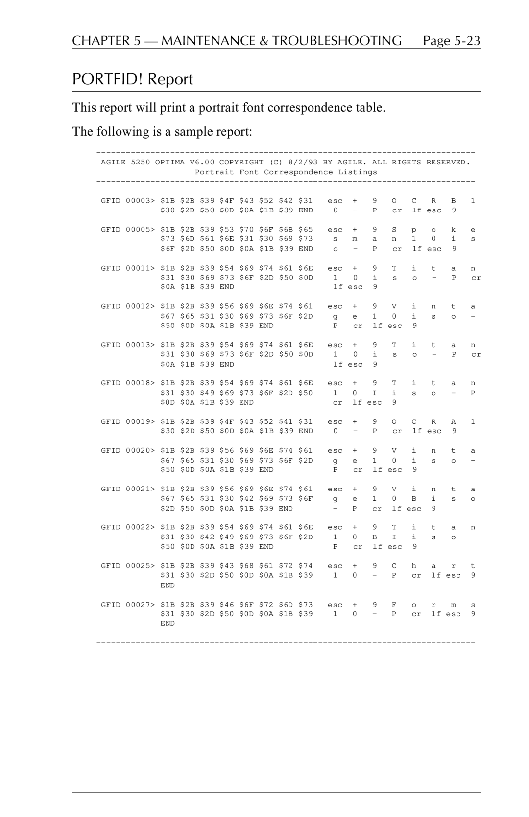 Agilent Technologies 5250 user manual PORTFID! Report 