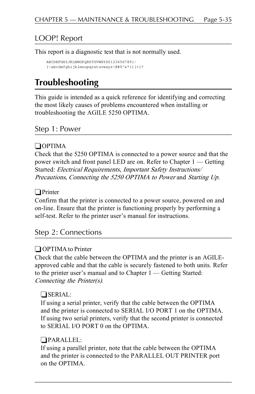 Agilent Technologies 5250 user manual Troubleshooting, LOOP! Report, Power, Connections 