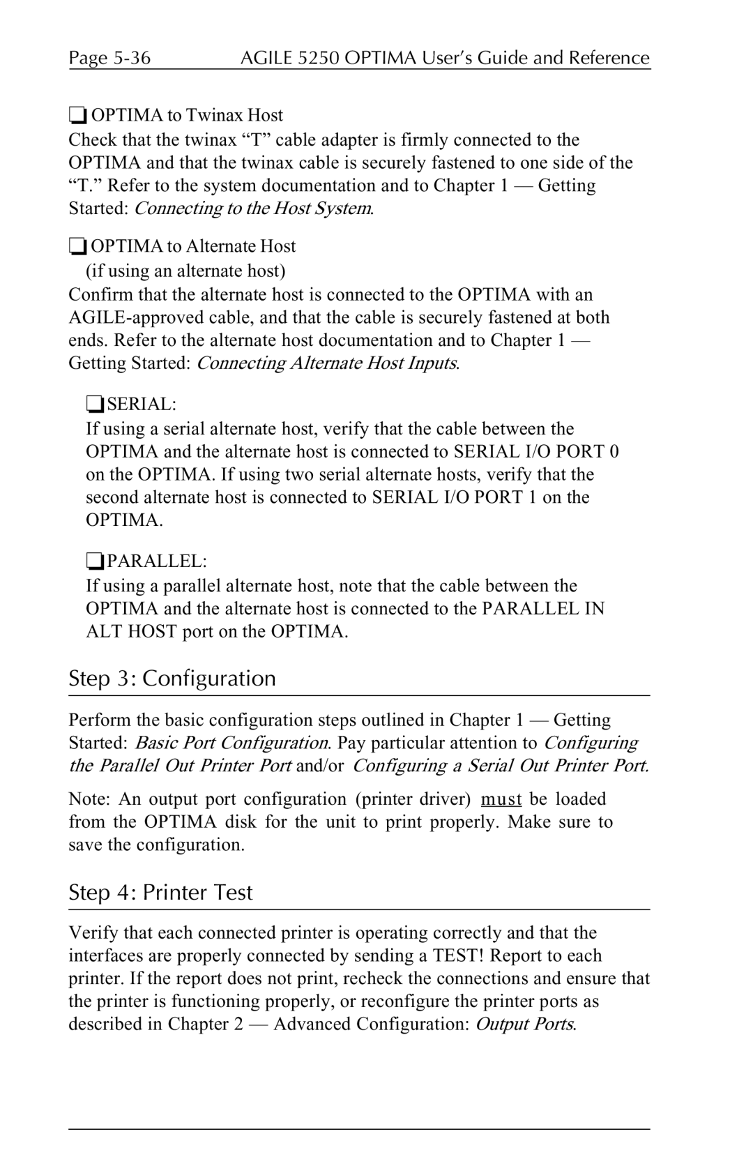 Agilent Technologies 5250 user manual Configuration, Printer Test, Optima Parallel 