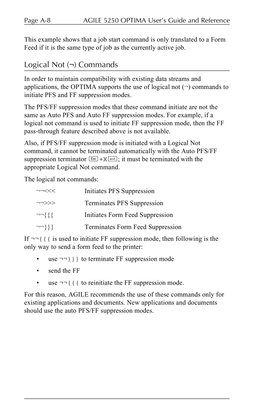 Agilent Technologies user manual Logical Not ¬ Commands, A-8 Agile 5250 Optima User’s Guide and Reference 