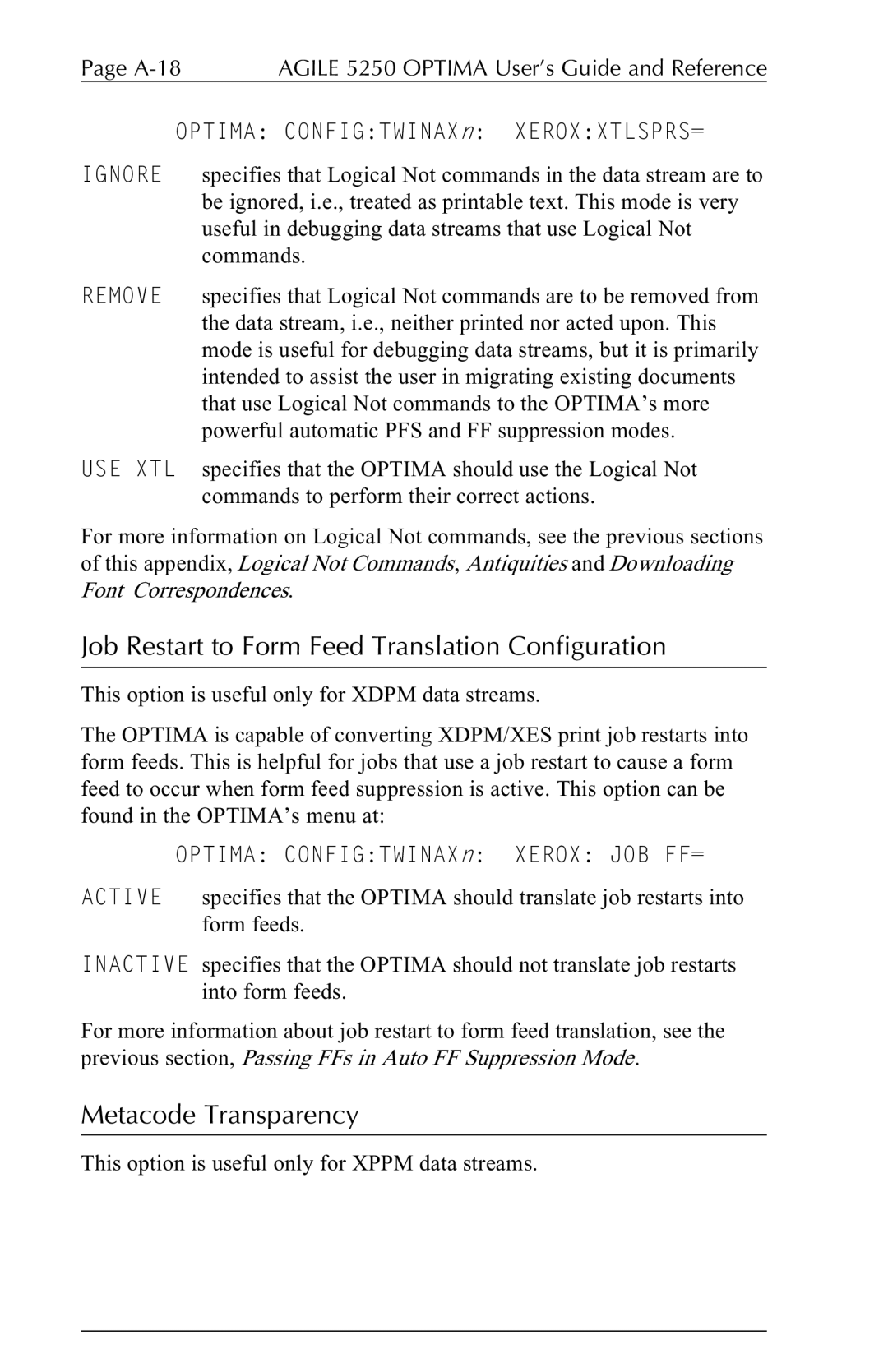 Agilent Technologies 5250 user manual Job Restart to Form Feed Translation Configuration, Metacode Transparency 