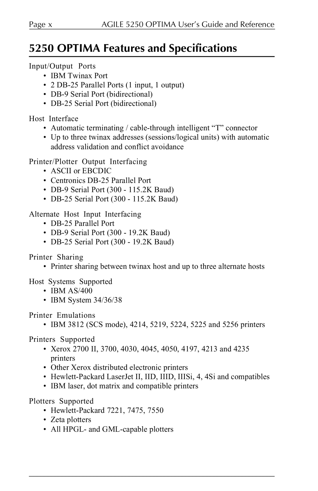 Agilent Technologies 5250 user manual Optima Features and Specifications 