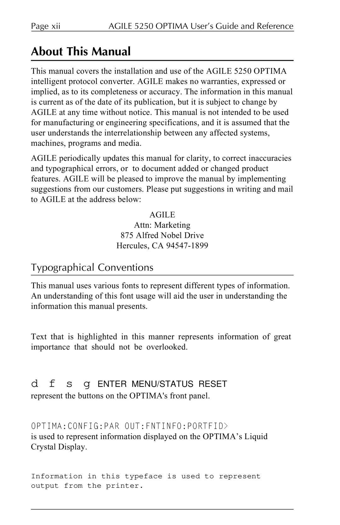 Agilent Technologies 5250 About This Manual, Typographical Conventions, Agile, Optimaconfigpar Outfntinfoportfid 