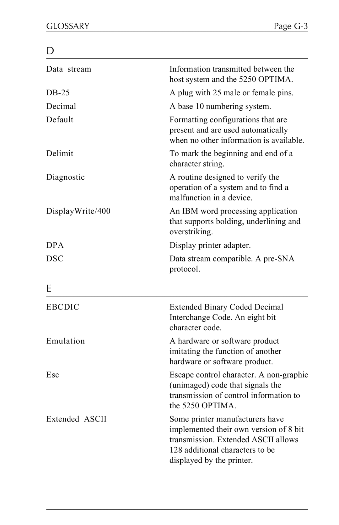 Agilent Technologies 5250 user manual GLOSSARYPage G-3, Dpa, Dsc, Ebcdic 