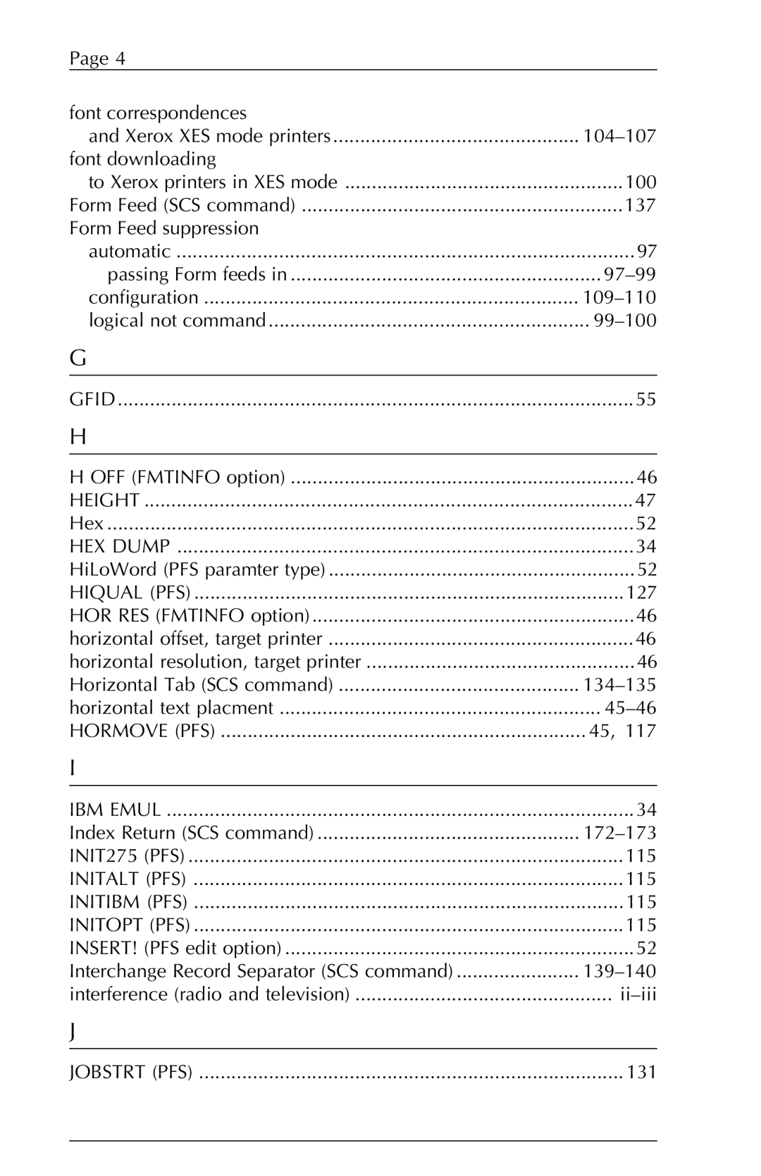 Agilent Technologies 5250 Font correspondences, 104-107, Font downloading, 100, 137, Form Feed suppression, 109-110, 45-46 