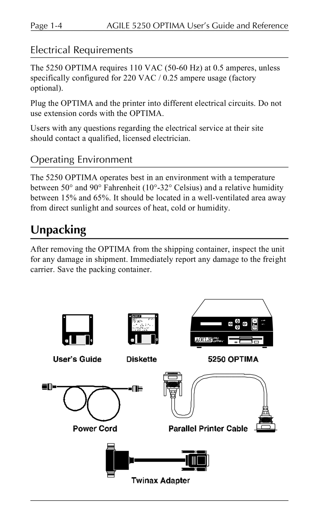 Agilent Technologies 5250 user manual Unpacking, Electrical Requirements, Operating Environment 