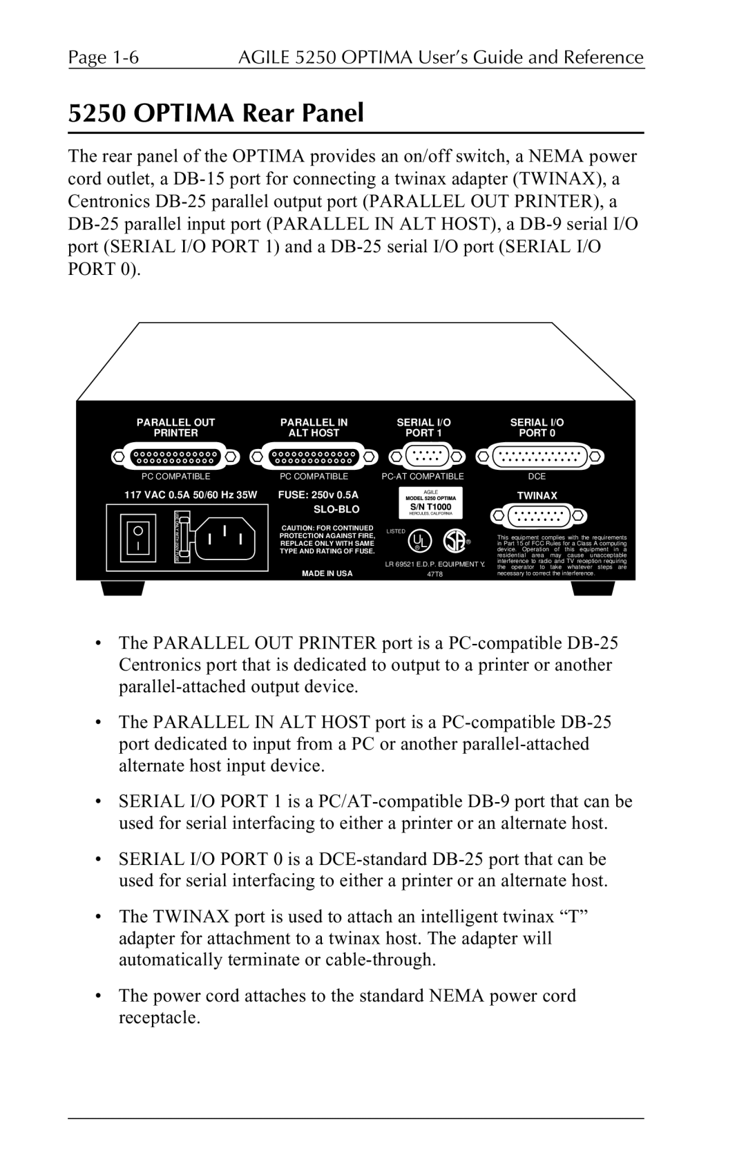 Agilent Technologies 5250 user manual Optima Rear Panel, Slo-Blo 