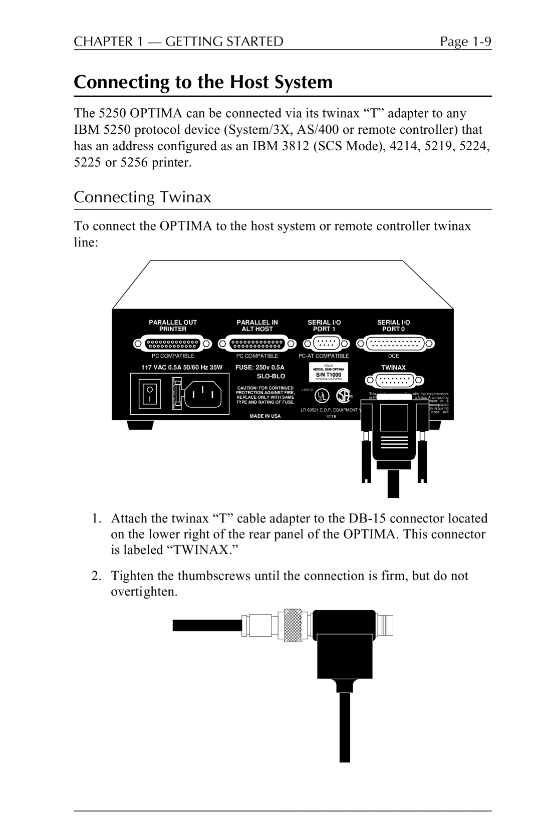 Agilent Technologies 5250 user manual Connecting to the Host System, Connecting Twinax 