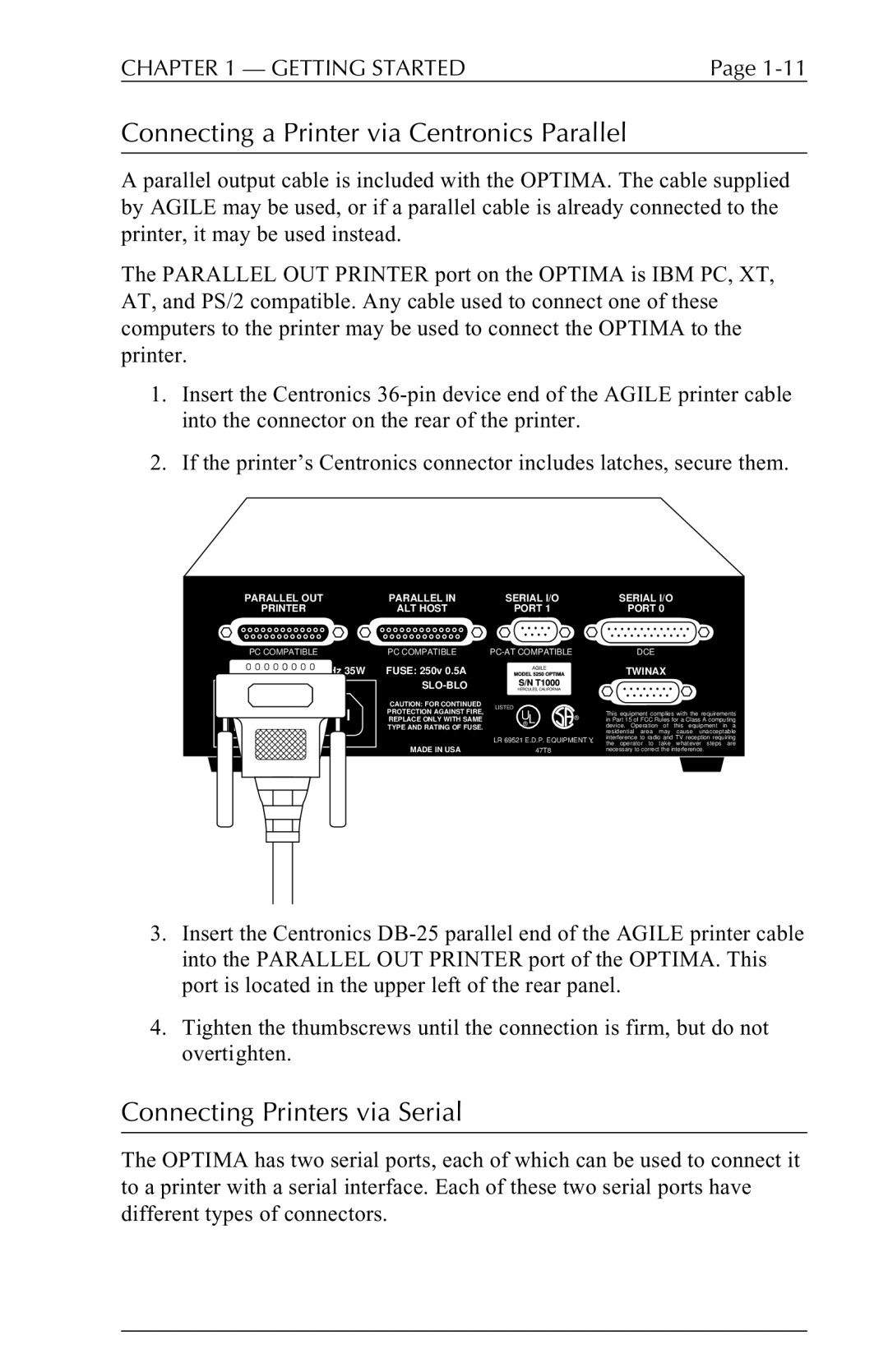 Agilent Technologies 5250 user manual Connecting a Printer via Centronics Parallel, Connecting Printers via Serial 