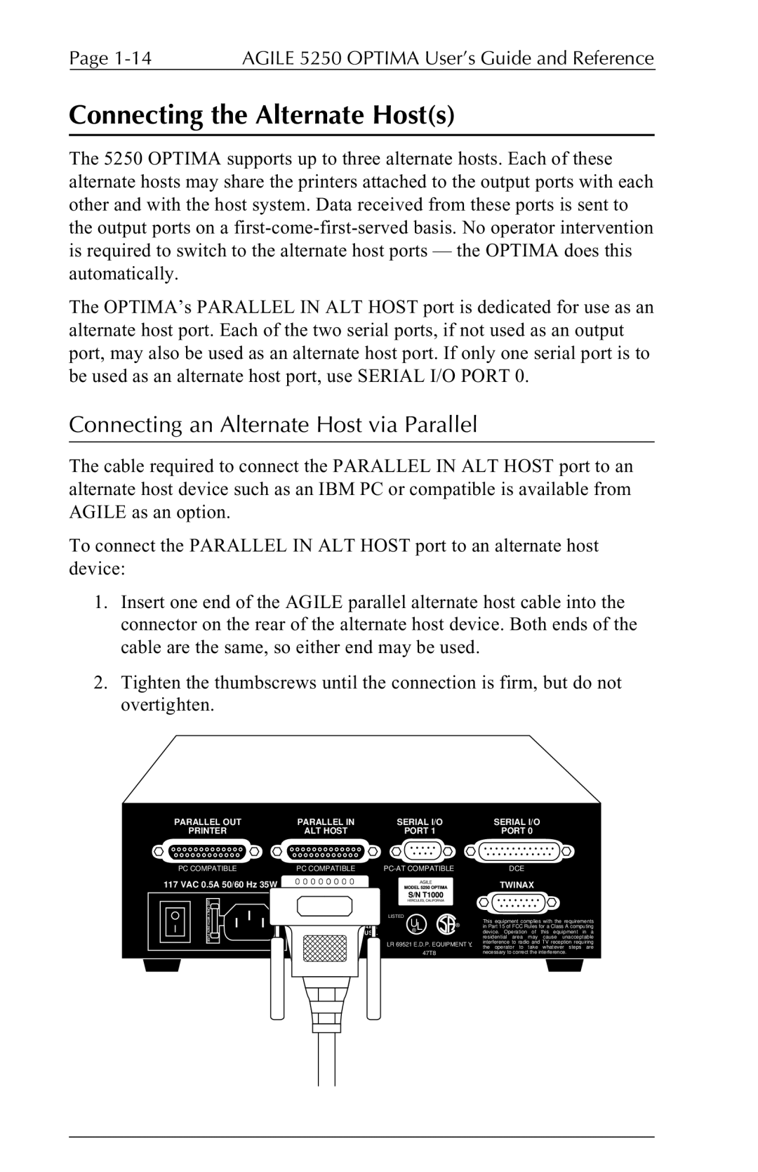 Agilent Technologies 5250 user manual Connecting the Alternate Hosts, Connecting an Alternate Host via Parallel 