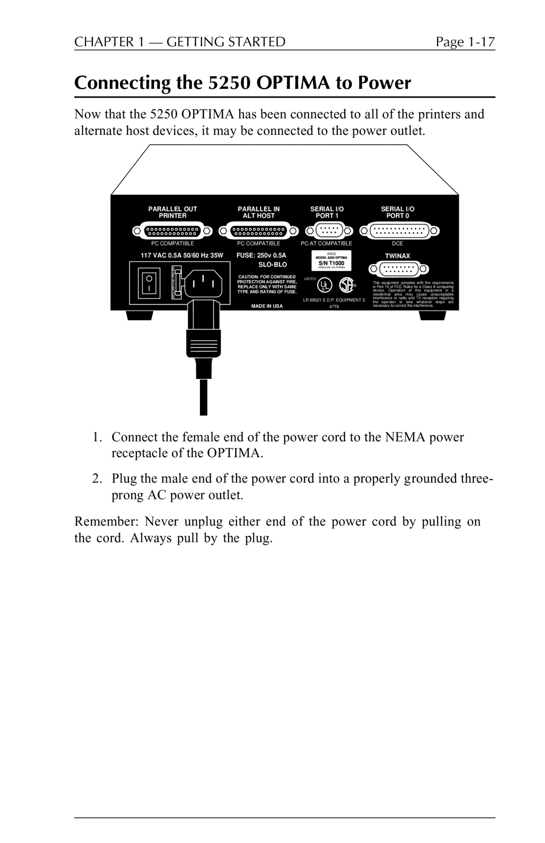 Agilent Technologies user manual Connecting the 5250 Optima to Power 