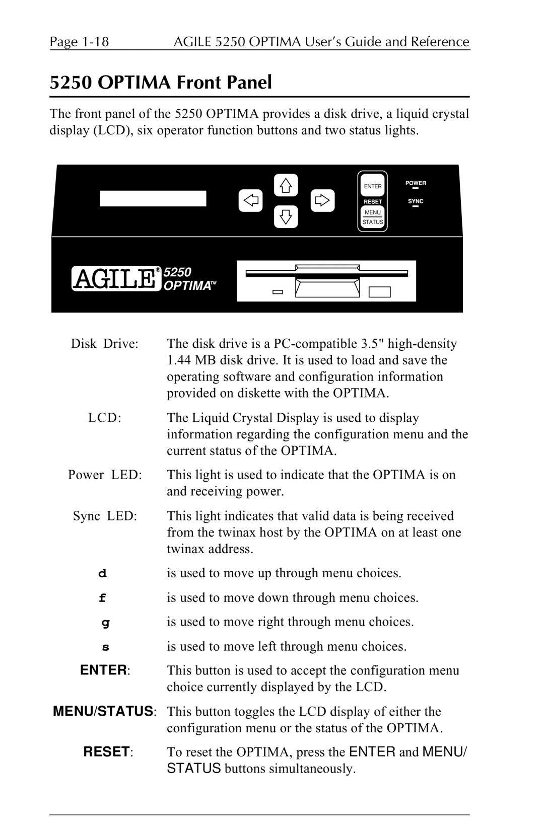 Agilent Technologies 5250 user manual Optima Front Panel 