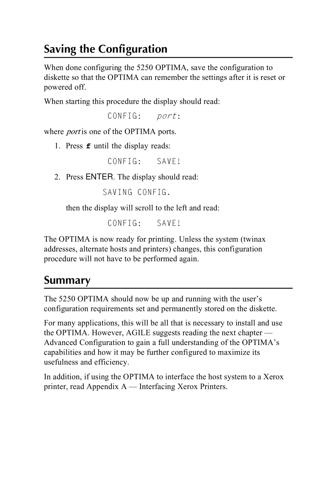 Agilent Technologies 5250 user manual Saving the Configuration, Summary, Config Save, Saving Config 