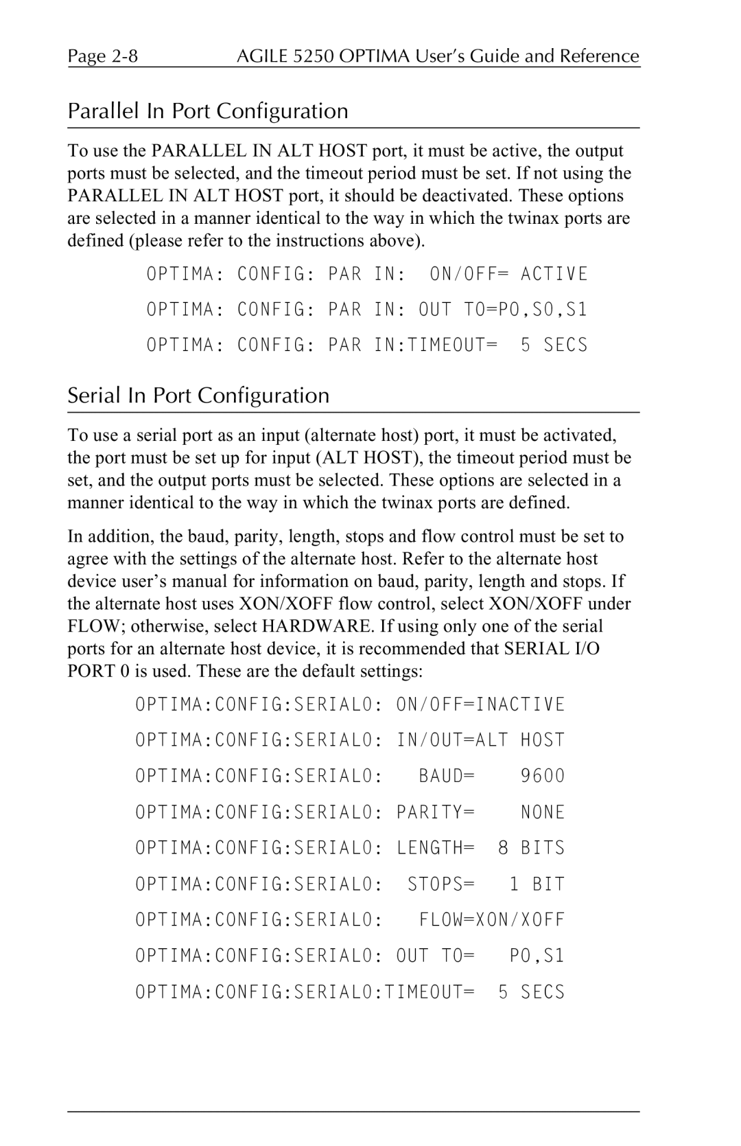 Agilent Technologies 5250 user manual Parallel In Port Configuration, Serial In Port Configuration 