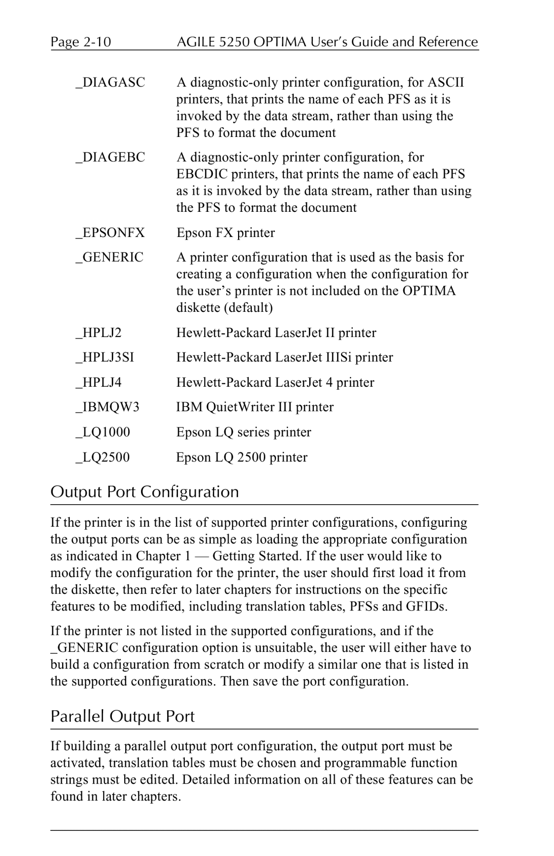 Agilent Technologies 5250 user manual Output Port Configuration, Parallel Output Port 