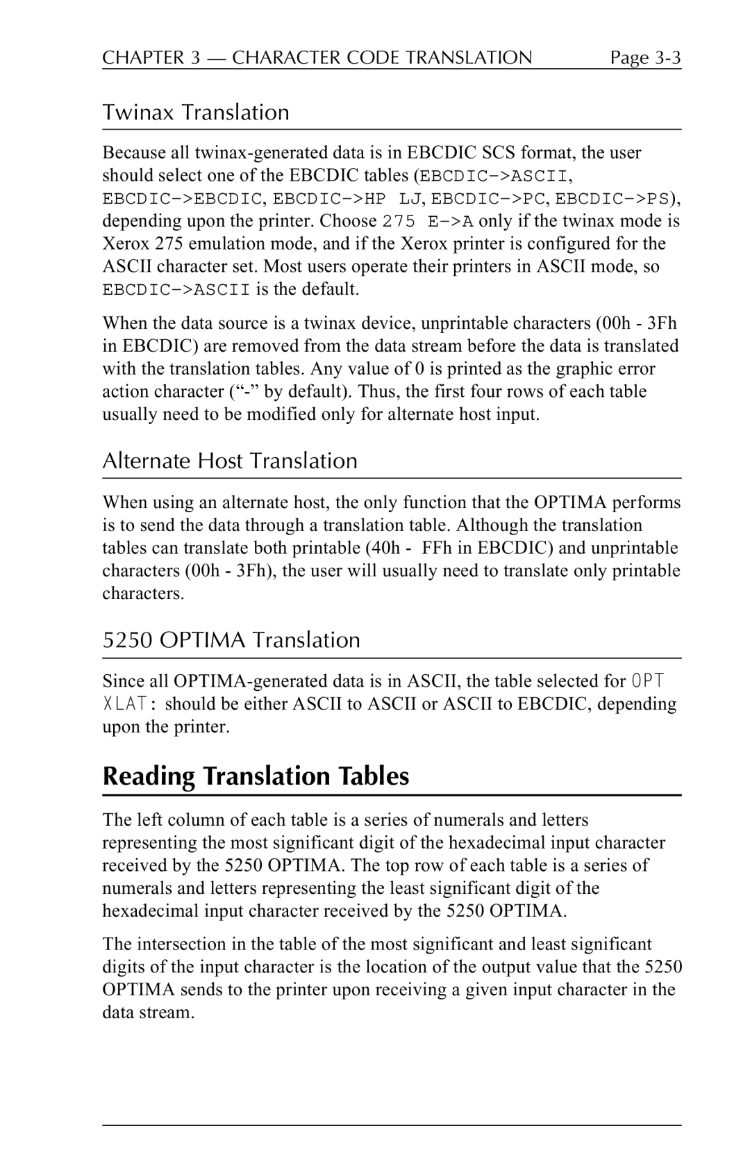 Agilent Technologies 5250 Reading Translation Tables, Twinax Translation, Alternate Host Translation, Optima Translation 