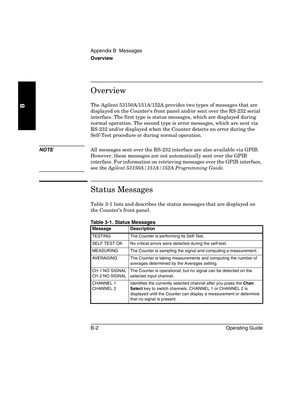 Agilent Technologies 53152A, 53150A, 53151A manual Overview, Status Messages 