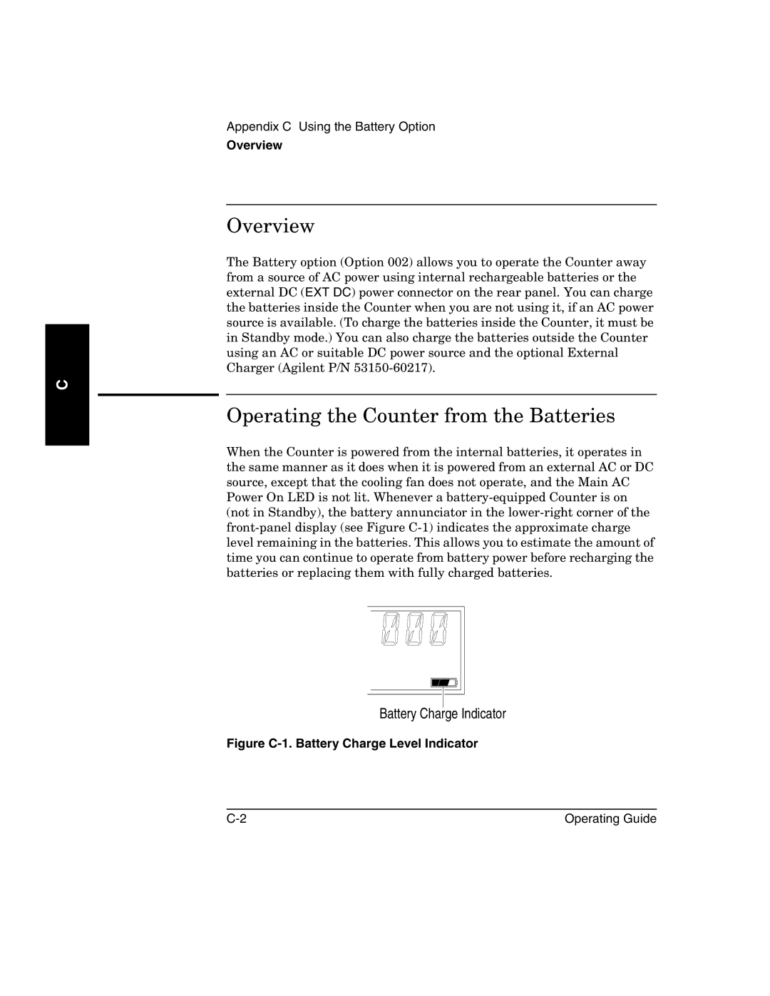 Agilent Technologies 53152A, 53150A, 53151A manual Operating the Counter from the Batteries, Battery Charge Indicator 