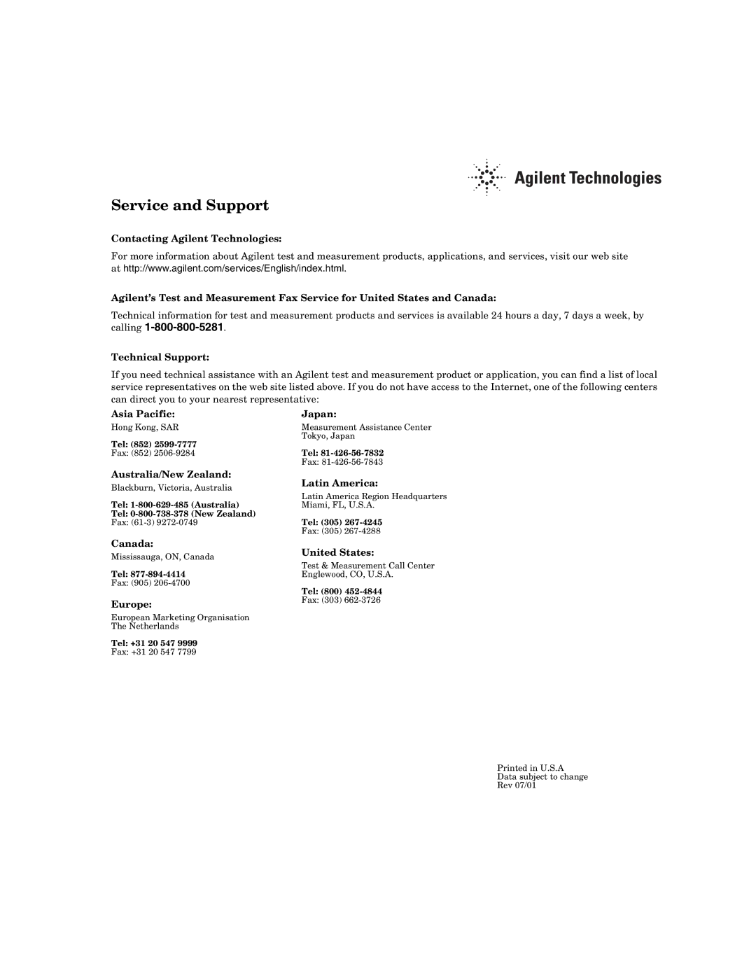 Agilent Technologies 53150A, 53152A, 53151A manual Service and Support, Calling 