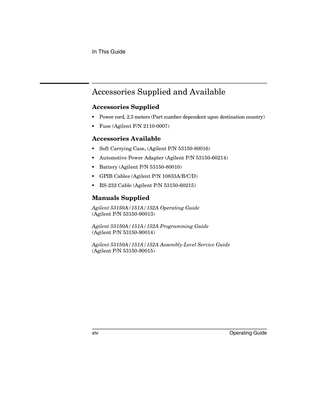 Agilent Technologies 53151A, 53152A, 53150A Accessories Supplied and Available, Accessories Available, Manuals Supplied 