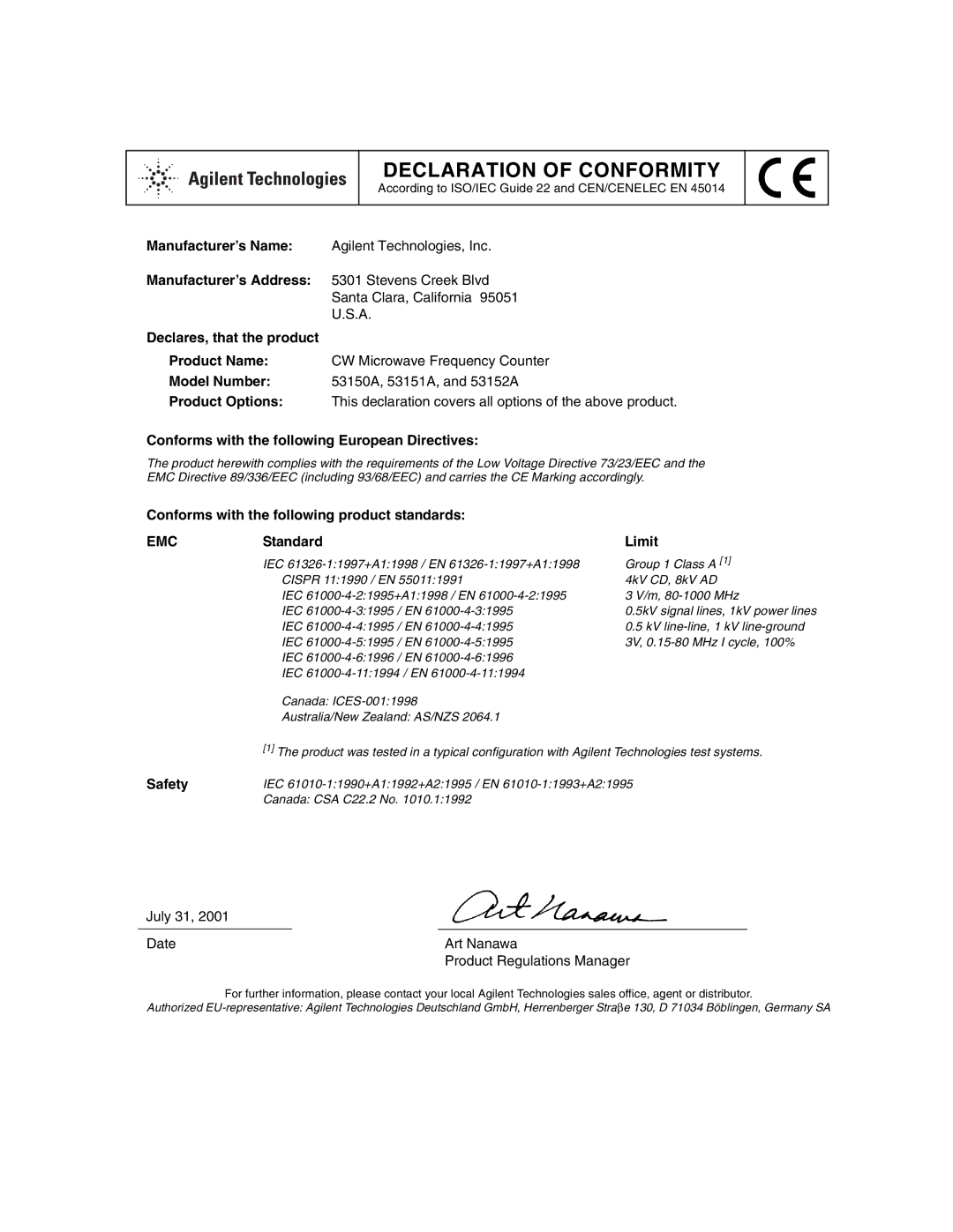 Agilent Technologies 53152A, 53150A, 53151A manual Declaration of Conformity 