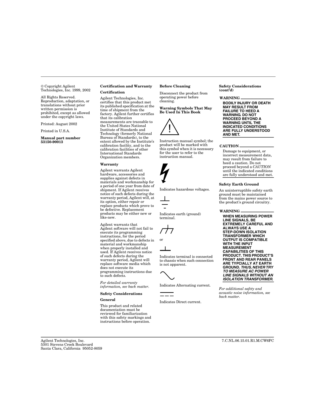 Agilent Technologies 53151A, 53152A, 53150A manual Safety Considerations cont’d 