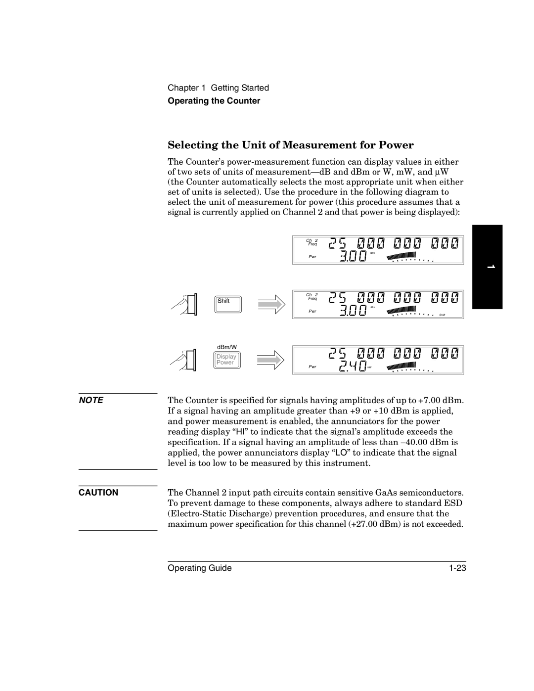 Agilent Technologies 53151A, 53152A, 53150A manual Selecting the Unit of Measurement for Power 