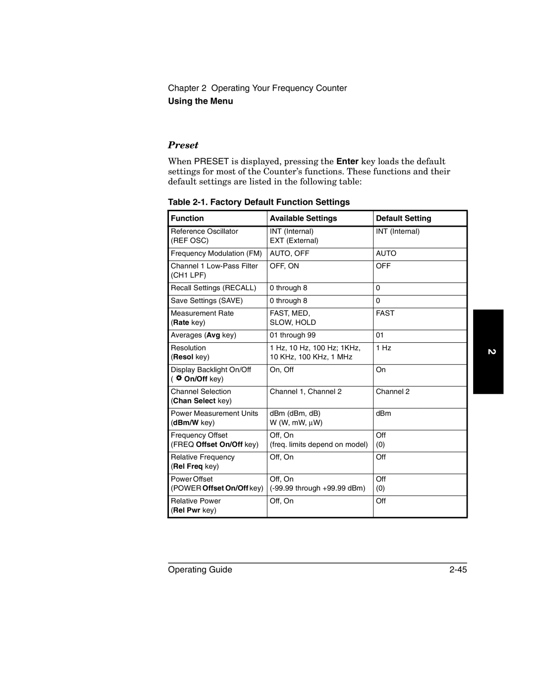 Agilent Technologies 53152A, 53150A, 53151A manual Preset, Factory Default Function Settings 