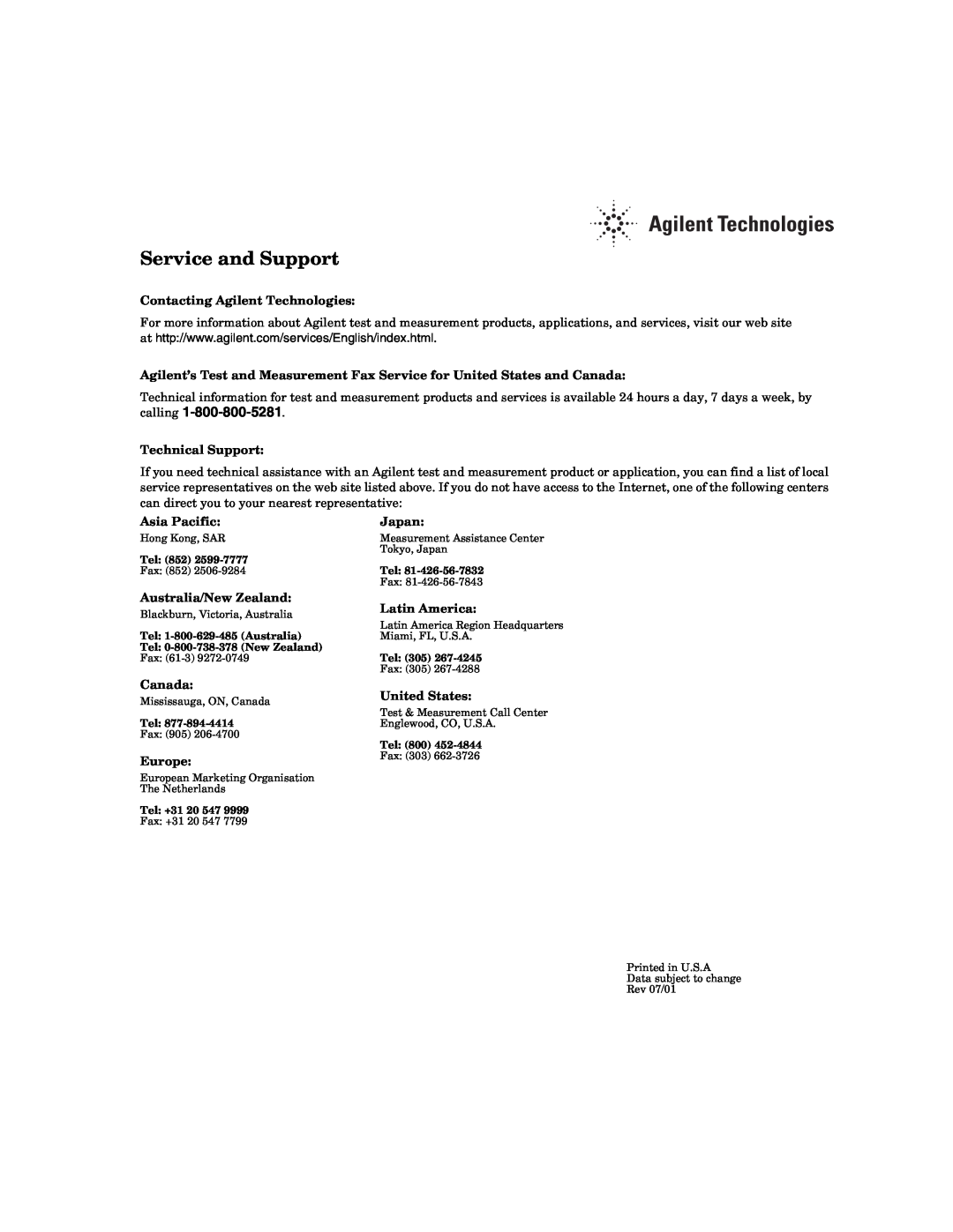 Agilent Technologies 53150A, 53152A, 53151A manual Service and Support, calling 