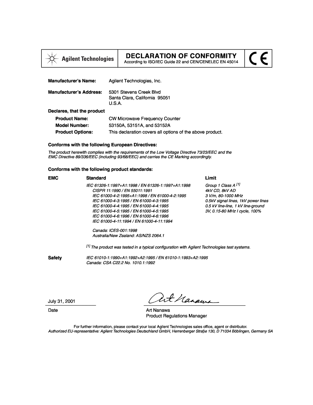 Agilent Technologies 53152A Declaration Of Conformity, Manufacturer’s Name, Manufacturer’s Address 5301 Stevens Creek Blvd 