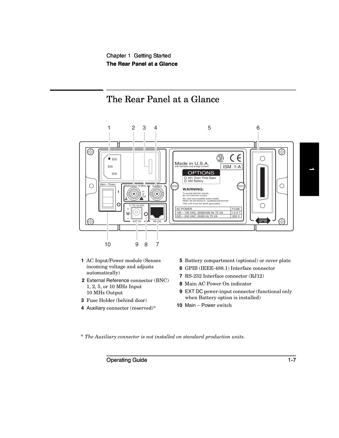 Agilent Technologies 53150A, 53152A, 53151A manual The Rear Panel at a Glance, Getting Started, Operating Guide 