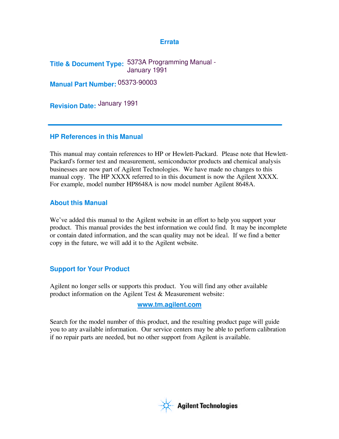 Agilent Technologies 5373A manual Errata 