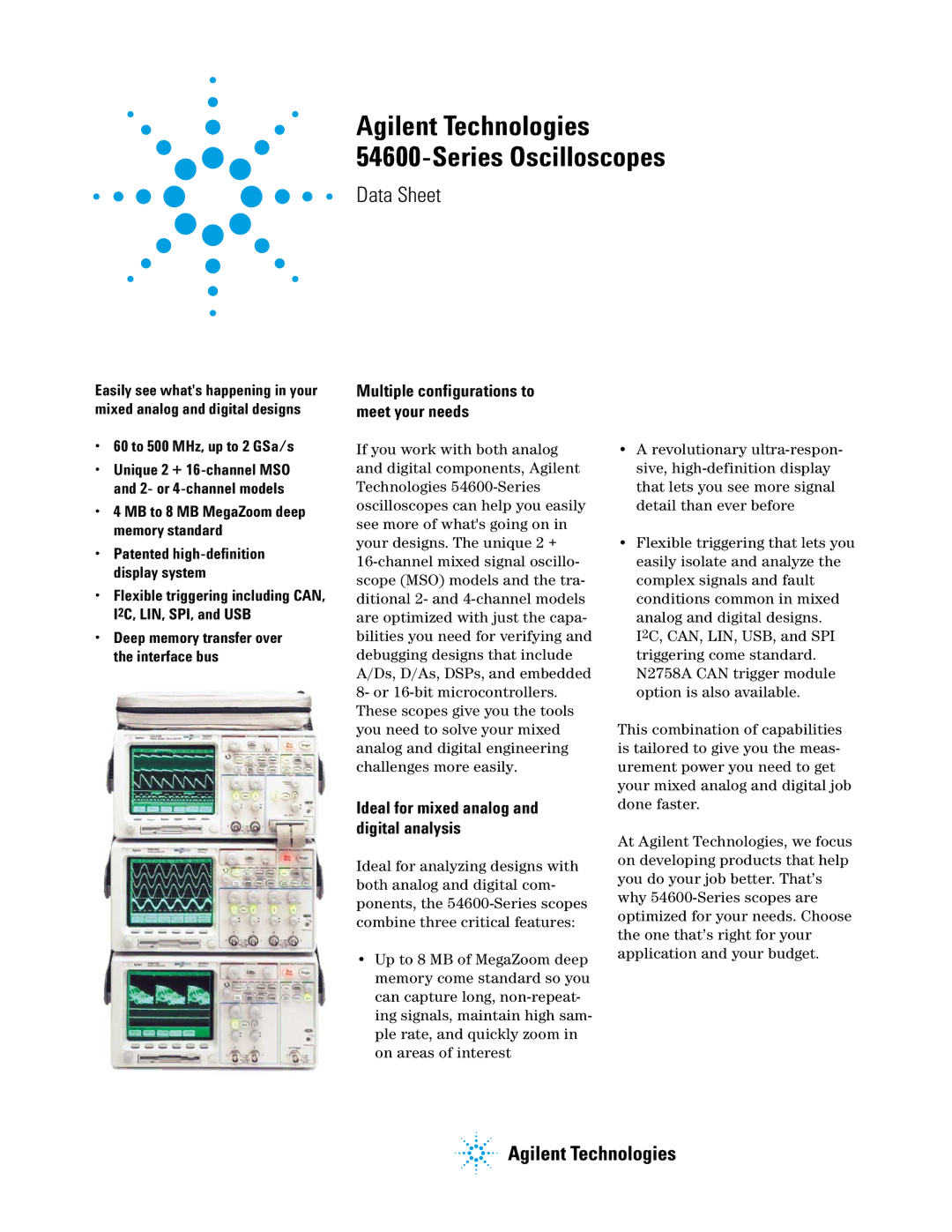 Agilent Technologies 54600-Series manual Ideal for mixed analog and digital analysis, 60 to 500 MHz, up to 2 GSa/s 