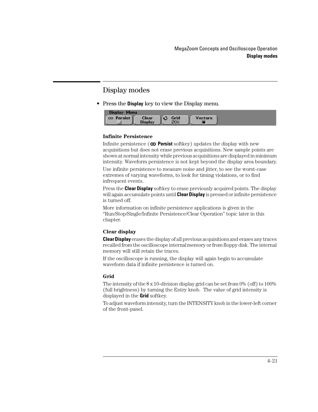 Agilent Technologies 54621A, 24A Display modes, Press the Display key to view the Display menu, Infinite Persistence, Grid 