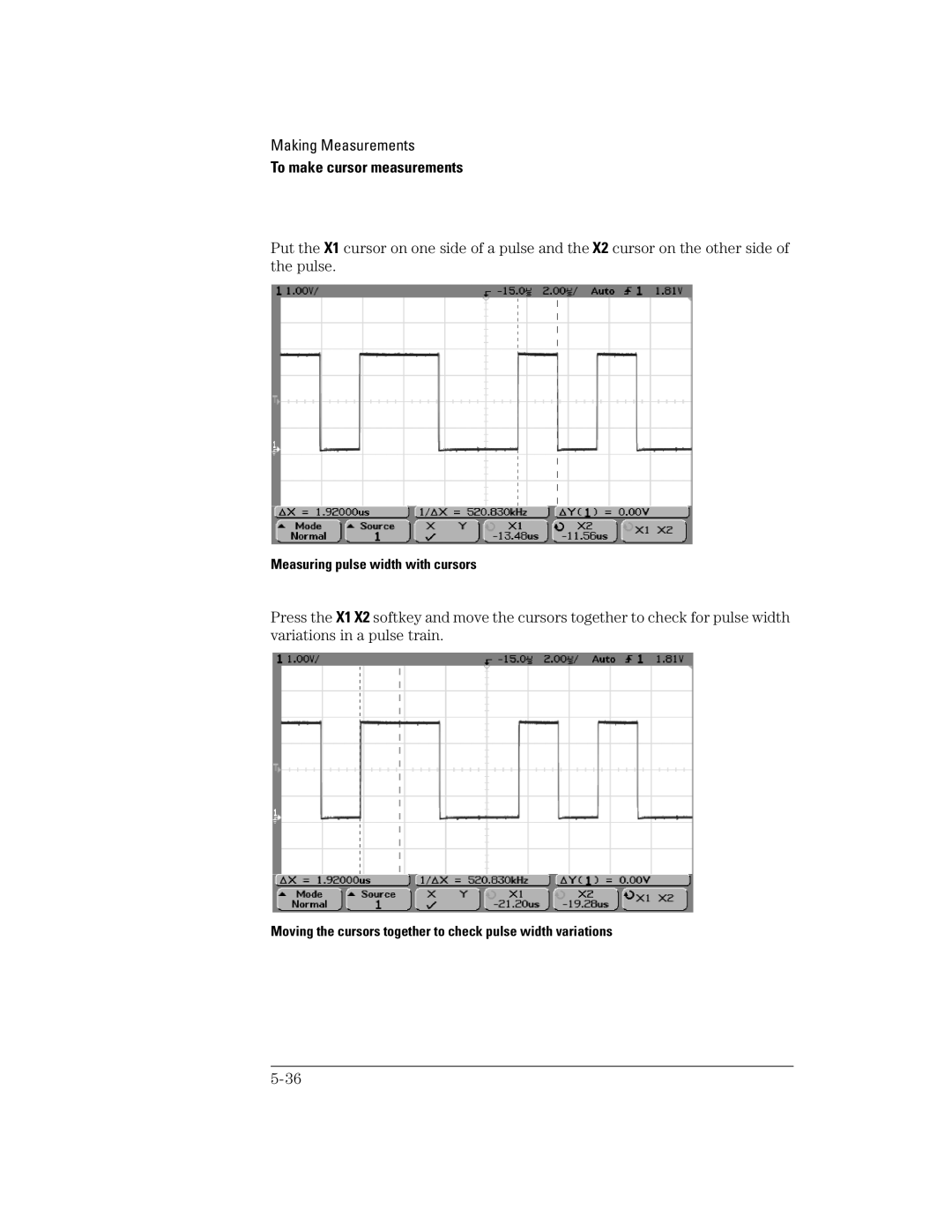 Agilent Technologies 54621D, 24A, 42A, 54621A, 22A, 41A manual Measuring pulse width with cursors 