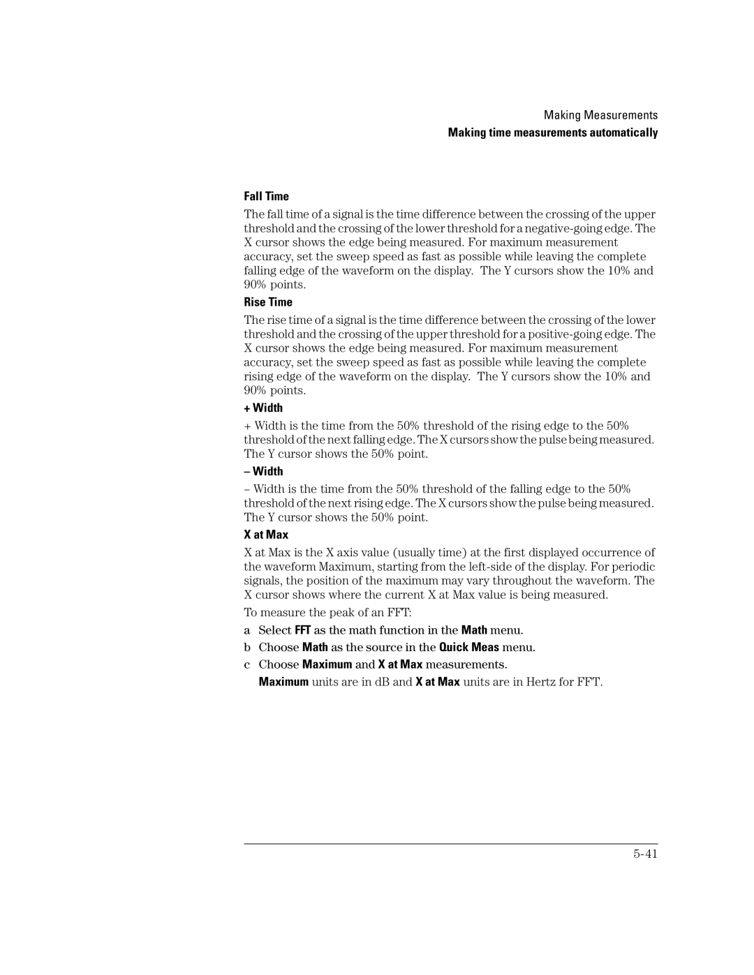 Agilent Technologies 41A, 54621D, 24A, 42A, 22A Making time measurements automatically Fall Time, Rise Time, + Width, At Max 